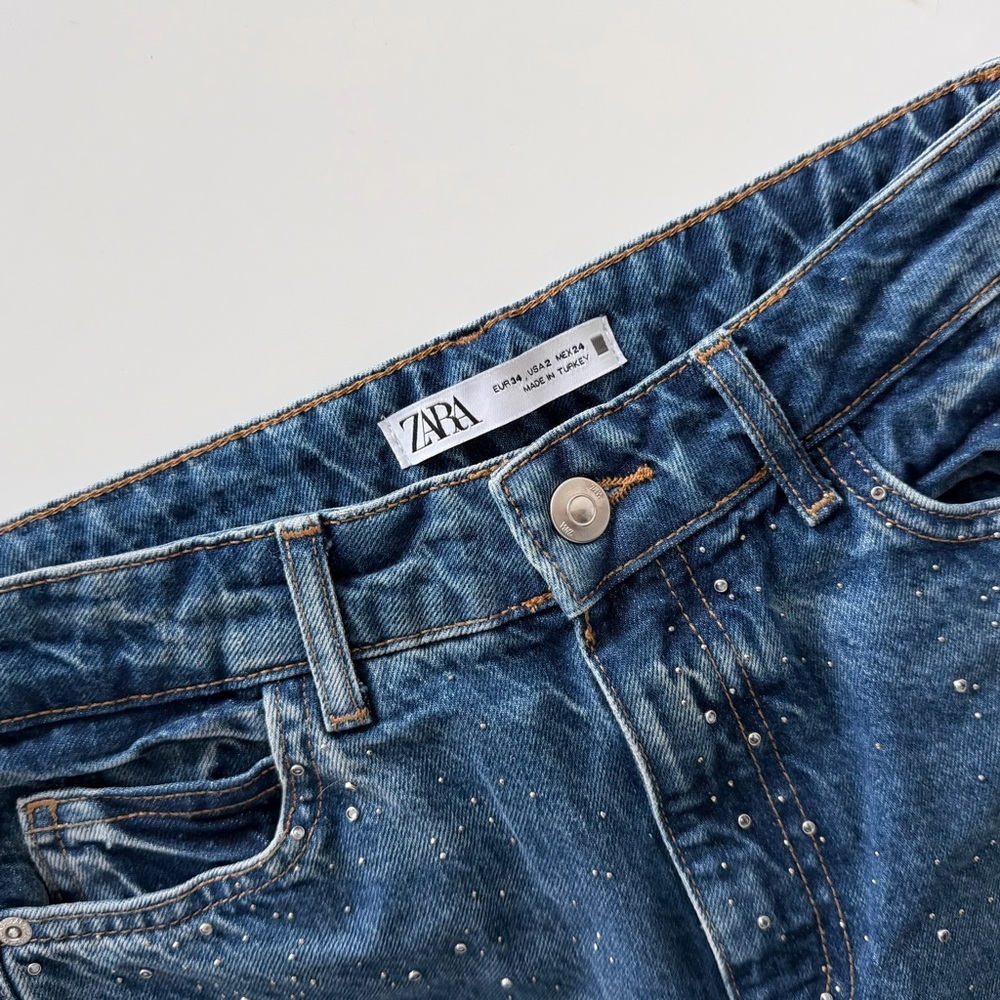 Zara Rhinestone Straight Leg Jeans XS 24 US 2 | High Rise Blue Y2K Party Denim - Picture 10 of 14